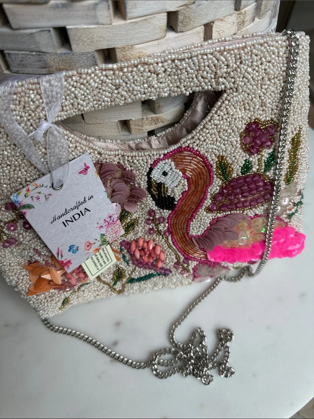 Embellished Flamingo Beaded Clutch - Pink & Cream